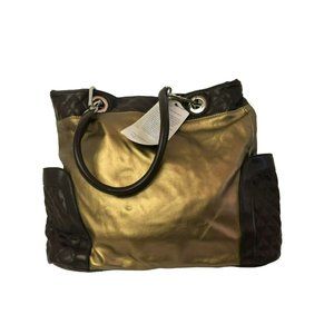 Joes  Mangano Womens Hand Bag Reversable Purse Tote  Gold Brown Adjustable Plast
